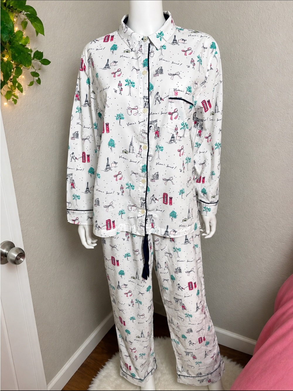 Victoria's Secret White Printed Girls Pajama Set with Teal and Pink Accents